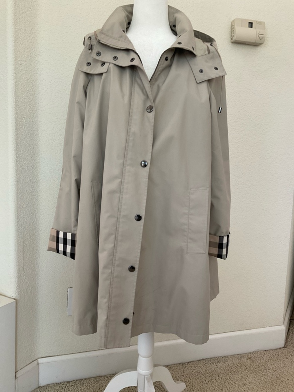 Burberry Light Beige Hooded Trench Coat with Check Cuff Trim